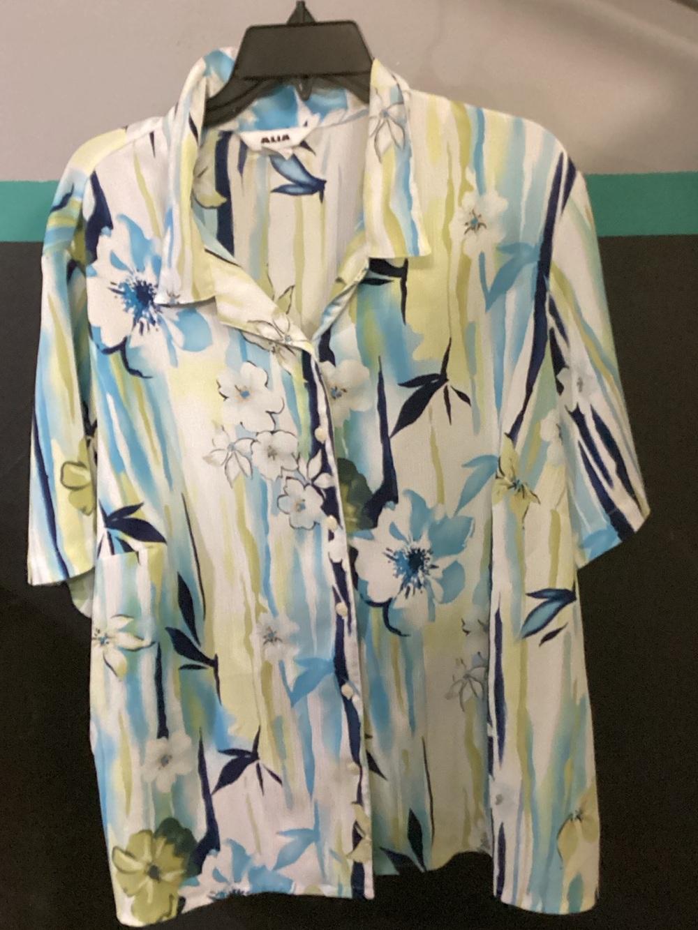 Alia Floral Stripe Button-Down Shirt in Blue, Green & White
